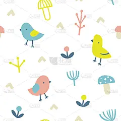 可爱的抽象鸟和蘑菇斯堪的纳维亚图案。有趣的涂鸦婴儿印花织物，纺织品，包装纸，服装，托儿所。