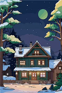 冬季夜晚梦幻森林小木屋