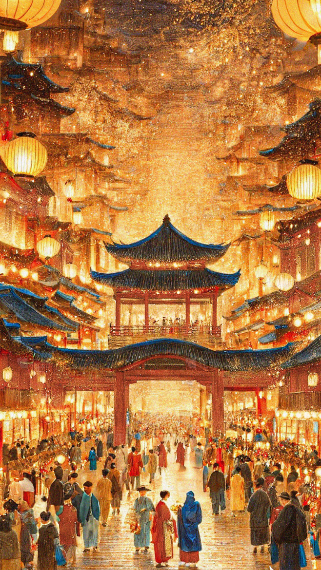 元宵节国风手绘元宵热闹街道场景背景