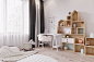 儿童房以木质地板搭配米白色，丰富的织品彰显出无限的温暖与柔和。