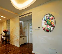 美式孔雀圆形油画手绘装饰画玄关北欧挂画客厅走廊牡丹新中式欧式-淘宝网