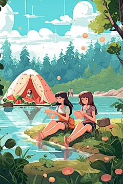 学生放暑假毕业旅游漫画风插画