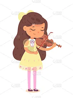 用小提琴演奏音乐的小音乐家。小女孩穿着衣服站在舞台上矢量插图。可爱的孩子与乐器表演在比赛中孤立在白色