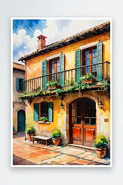 手绘油画老房子四合院儿童插画-众图网