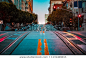 Low angle twilight view of an empty road with cable car tracks leading up a steep hill at famous California Street at dawn, San Francisco, California, USA