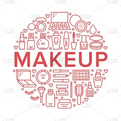 化妆美感关心红圈海报概念线条图标.唇膏，睫毛膏，粉末，眼药水，粉底，指甲油，洗发水的化妆品说明。精美