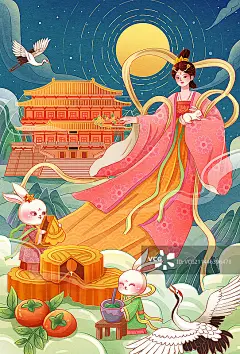 手绘中秋节嫦娥奔月玉兔捣药月饼插画图片素材
