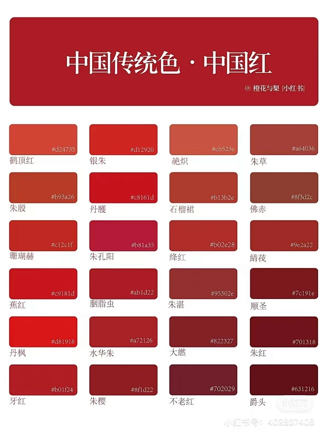 【中国传统色】中国红 【鹤顶红】蜡包绿萼日才烘，放出千枝鹤顶红。 【朱殷】亲见将军建旗鼓，左轮几度染朱殷。 【珊瑚赫】珊瑚映绿水，未足比光辉 ...