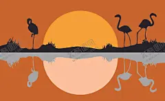 夕阳景色 【酷图网】硅藻泥,贝壳粉,沙发墙,电视墙,卧室背景,简约,夕阳,鹤,火烈鸟,湖边,山水,倒影,剪影