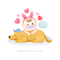 小蓝帽 奶嘴 粉色爱心 趴在狗狗身上的“兔子”宝宝 可爱宝宝插图插画设计AI ti087a22209