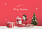 圣诞树 小女孩 惊喜礼物 红色背景 圣诞促销海报设计PSD ti143t000704