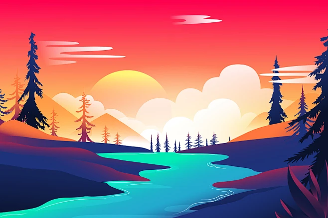 扁平渐变插画夕阳晚霞-花瓣网