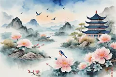 手绘山水中国风水墨画山水画插画