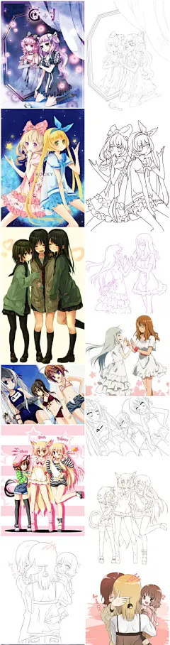 273日式萌系美少女子女孩线稿与彩稿对比照手绘上色漫画卡通素材-淘宝网