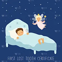 可爱的手画第一失去的牙齿证书睡觉的孩子和有趣的微笑卡通人物的牙仙子