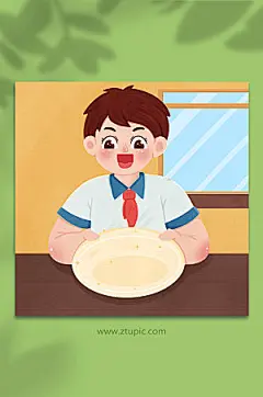 创意红领巾人物文明餐桌手绘插画
