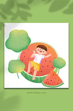 男孩西瓜荷叶立夏节气夏天人物元素插画