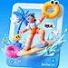 Prompt: This is a 3D badge with a bright blue gradient background. The close-up shot features a dynamic surfers, with splashing waves enveloping the figure. A straw hat and sunglasses float above, and the background is decorated with silhouettes of coconu