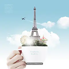 飞机 埃菲尔铁塔 摩天轮旋转木马 杯子 著名景点合成海报 旅游PSD_平面设计_海报