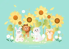 卡通唯美小猫咪小狗小狮子春季花丛海报素材插图插画矢量_Ai源文件：