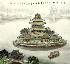 长春园最悲剧的景点之海岳开襟
海岳开襟建于圆明园中长春园的西湖内，台基为圆形，直径近百米，上下两层，汉白玉石凭栏围绕。当咸丰十年（1860）英法联军攻入圆明园时，因无渡船可达和蓬岛瑶台一样，幸免于毁
