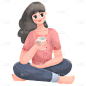 手绘肌理-感恩节人物元素贴纸-喝茶女孩