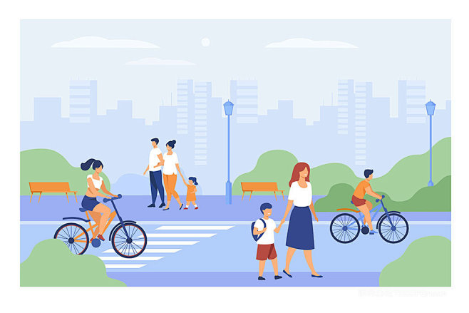 在城市公园街道行走的人插画-花瓣网