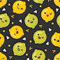 Cute smiling lemon and lime fruits, vector seamless pattern on dark background Illustration