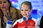 Alexandra Trusova of Russia smiles at the kiss and cry afte the Junior ladies free skating dance during the ISU Junior Senior Grand Prix of Figure...