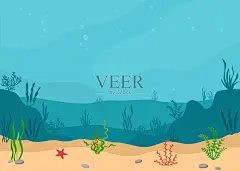 水下景观与海藻。全景海景。插画图片素材