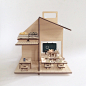 Wooden doll's house with roof : Wooden dolls house laser cutted, flat packed, easy to assemble and carry.  With this simple and modern house, the children can easily play with playmobil, sylvanian, and other small doll (size between 8 - 10 cm)  This house