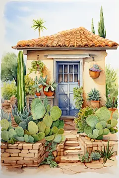 绿植房屋花园植物艺术水彩建筑画作插画
