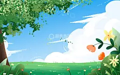 手绘户外春天蓝天花卉植物树叶插画海报高清模板免费下载-趣麦麦图