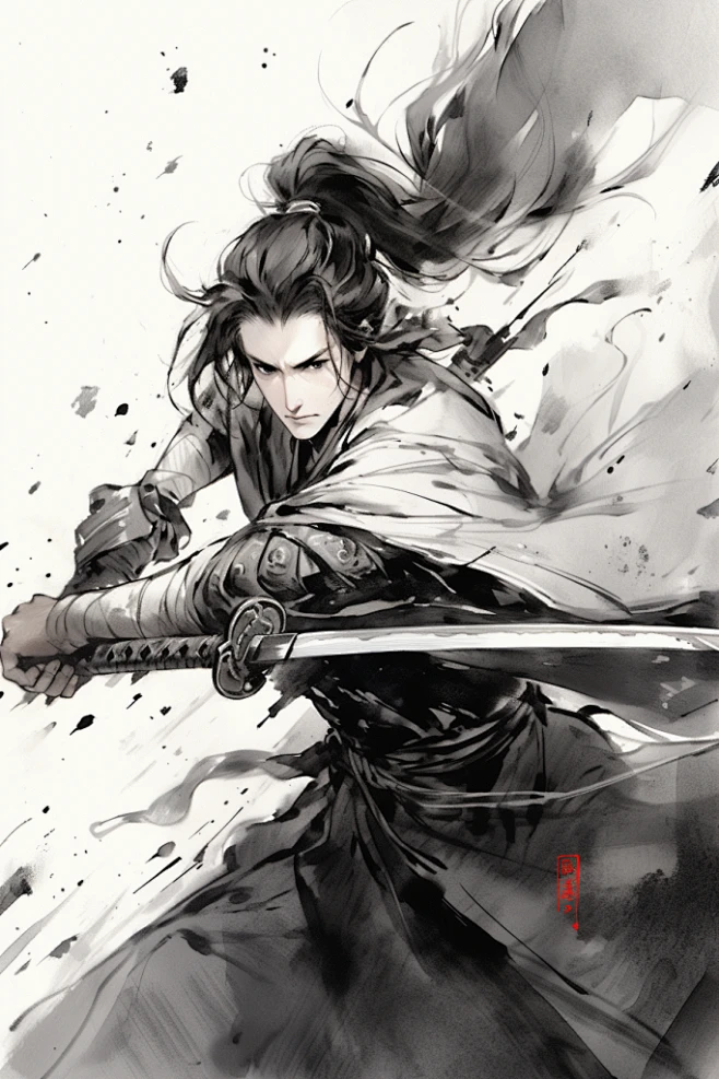 古风执剑少年水墨武侠剑客插画-花瓣网