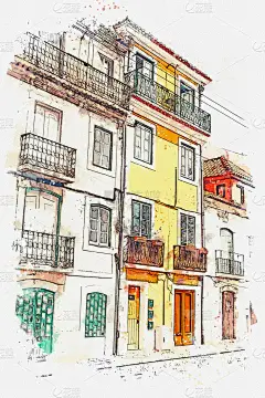 插图。葡萄牙里斯本大街上美丽的老房子.
