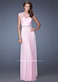 Pink Illusion Lace Jewel Neckline Long Modest Prom Dresses