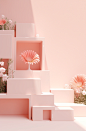 a pink backdrop with flower boxes beside an empty shelf, in the style of organic geometries, light white and light orange, floral still-lifes, subtle tonal range, animated gifs, delicate sculptures, neo-concrete