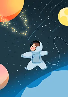 蓝色简约风手绘风创意宇航员插画