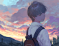 Anime 1800x1400 anime anime boys backpack  Smile sunrise sky clouds