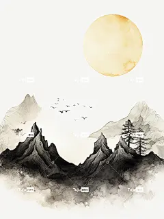 极简主义山水插图，水墨山脉由不同的线条组成黑白