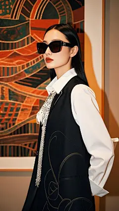 人像摄影，一位现代中国年轻女性，戴着墨镜，时尚，身后是多彩艺术，极具古典韵味的构图，体积光，全身照，脸部细节，红润皮肤