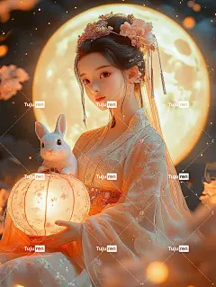 '中秋节，抽象意象，超现实主义，皮克斯风格，可爱的仙女，穿着