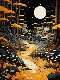 富有想象力的奇幻风景插画海报金黄色