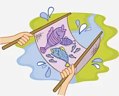 渔网金鱼高清素材 卡通手绘 小溪水滴 水彩画 渔网金鱼 英语字母 装饰图案 免抠png 设计图片 免费下载