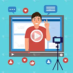 男子拍摄视频内容为博主或streamer在平面设计。在线课程视频概念。