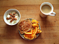 almond dessert tofu with almonds, whole grain toast with earth balance, a navel orange, and coffee