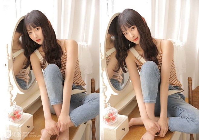 齐刘海长发极品美少女吊带牛仔裤性感俏皮写...