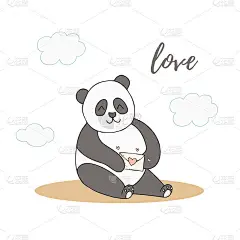 手绘可爱的动物和字母。熊猫，信封和心。爱。白色背景。向量。