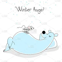 鼠标从一只熊的肚子上滑雪，为你设计的节日贺卡，矢量插图