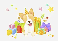 手绘礼物中的小狗免抠图_新图网 https://ixintu.com 礼品 卡通 高兴地 帽子 收获的 星星 彩带 堆积的